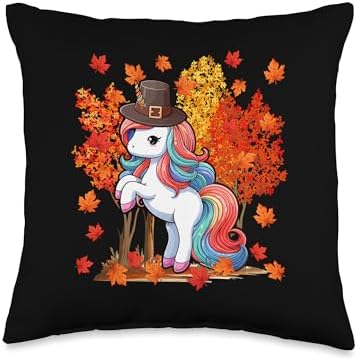 Unicorn Cute Pilgrim Thanksgiving Fall Tree Lover Kid Family Throw Pillow by Unknown
