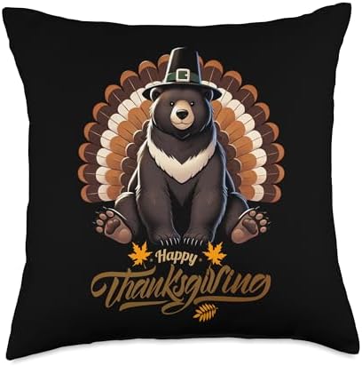 Funny Black Bear with Turkey Feathers Thanksgiving Throw Pillow by Unknown