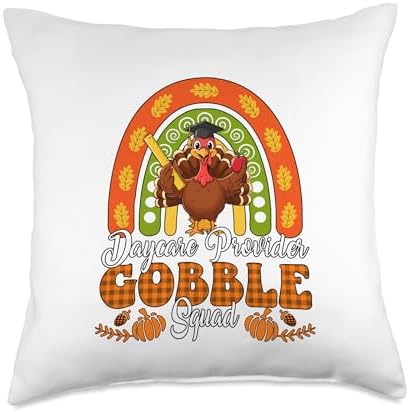 Daycare Provider Gobble Squad Thanksgiving Turkey Rainbow Throw Pillow by Unknown