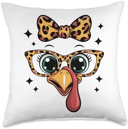 Thanksgiving Turkey Face Leopard Bow Glasses Women Girls Throw Pillow by Unknown