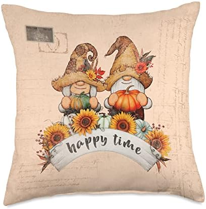 Thanksgiving, autumn fall gnomes with pumpkins, Vintage Throw Pillow by Unknown