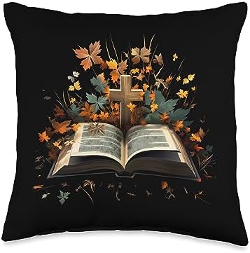Bible Cross Autumn Leaves Christian Thanksgiving Throw Pillow by Unknown