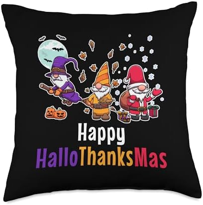 Hallothankmas Gnomes Halloween Thanksgiving Christmas 2026 Throw Pillow by Unknown