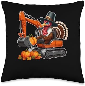 Turkey Driving Excavator Thanksgiving Driver Fall Pumpkins Throw Pillow by Unknown
