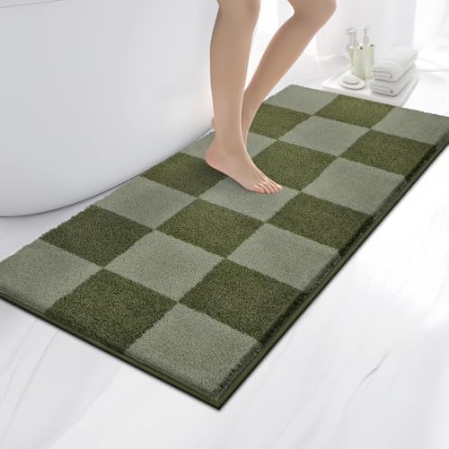 Bathroom Rugs, 24" x 60" Bath Rugs, Checkered Budding Green & Sage Green