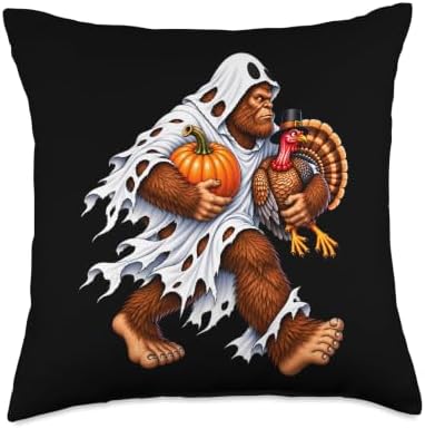 Bigfoot Ghost Turkey Pumpkin Thanksgiving Sasquatch for Boys Throw Pillow by Unknown