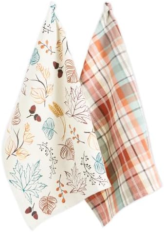 DII Fall Basics Kitchen Dishtowel Collection Printed & Plaid Fall Dish Towel Set, 18x28, Autumn Leaves, 2 Count by DII