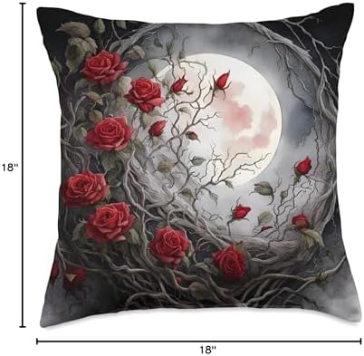 Moon Red Rose Halloween Floral Moon Red Rose Gothic Halloween Flowers Night Goth Floral Throw Pillow, 18x18, Multicolor
