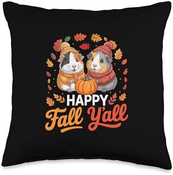 Fall Y'all Thanksgiving Couple Guinea Pigs Colorful Leaves Throw Pillow by Unknown