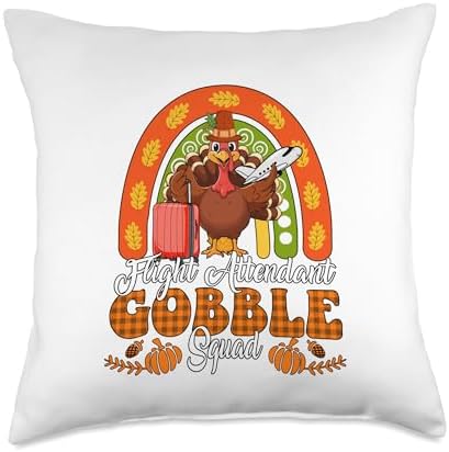 Flight Attendant Gobble Squad Thanksgiving Turkey Rainbow Throw Pillow by Unknown