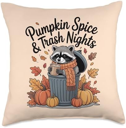 Pumpkin Spice and Trash Nights Thanksgiving Raccoon Fall Throw Pillow by Unknown