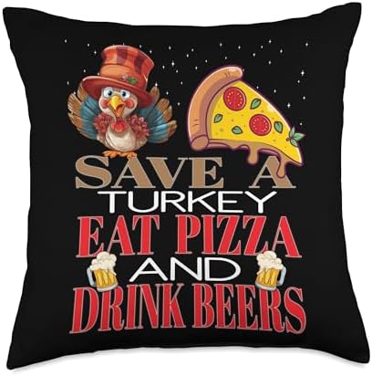Envision Styles Unique Holiday Designs Save A Turkey Eat Pizza and Drink Beers Vegan Thanksgiving Throw Pillow, 18x18, Multicolor by Unknown