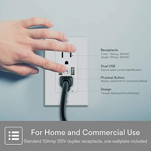 Smart in Wall Outlet, Standard Electrical Outlets with 2 USB Ports & 2 Plugs, Work with Alexa Google Home 15 Amp Outlet ETL FCC for Home Office | Tamper-Resistant, No Hub Required, 2.4G WiFi Outlet, Works with Alexa/Google Home, Kitchen/Bedroom/Office,...