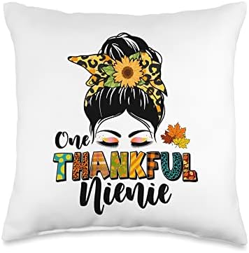 Thankful Nienie Thanksgiving Day Leopard Messy Bun Fall Thanksgiving Day One Thankful Nienie Throw Pillow, 16x16, Multicolor by Unknown