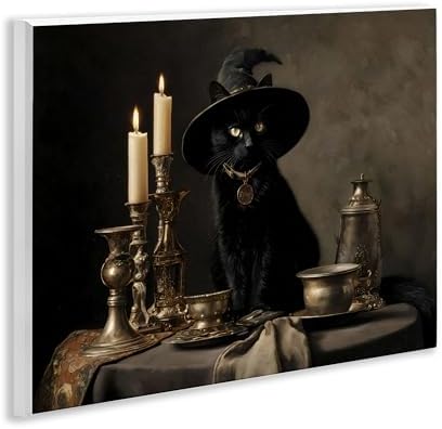 Vintage Witchy Black Cat Horror, 11 x 14 Inch Mounted Print on Wall Plaque
