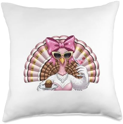 Funny Glam Turkey Thanksgiving Outfit Pink Bow Holiday Humor Throw Pillow by Unknown