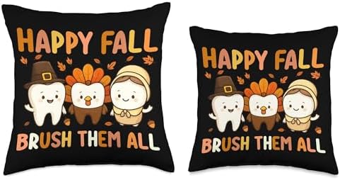 Happy Fall Brush Them All Dentist Humor Autumn Thanksgiving Throw Pillow - Image 3