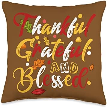 Thankful Grateful and Blessed Fall Autumn Thanksgiving Throw Pillow by Unknown