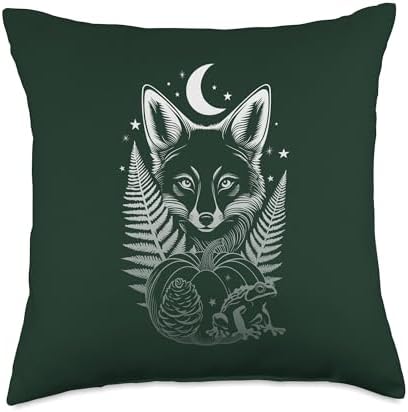 Fox with Fern Frog and Pumpkin Dark Autumn Thanksgiving Fox Throw Pillow by Unknown