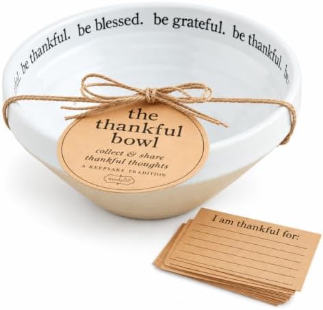 Mud Pie Thankful Bowl with 25 Gratitude Cards, Stoneware Thanksgiving Bowl by MudPie