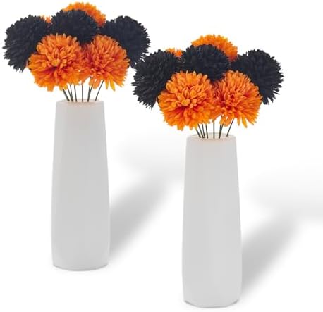 Takywep 20 Pcs Faux Chrysanthemum Set, Black Orange Fall Flowers + 2 White Vases, Table Decor for Gothic Wedding, Christmas & Halloween by HOME