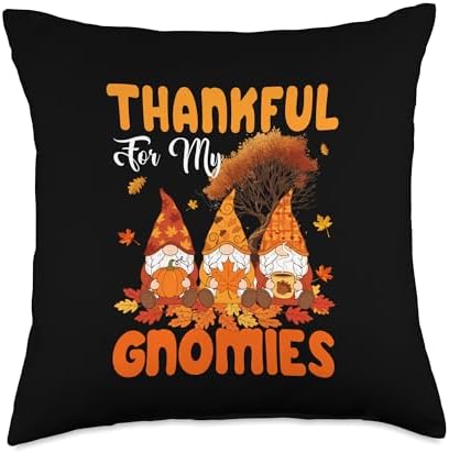 Thankful for My Gnomies Three Gnomes Fall Tree Thanksgiving Throw Pillow by Unknown