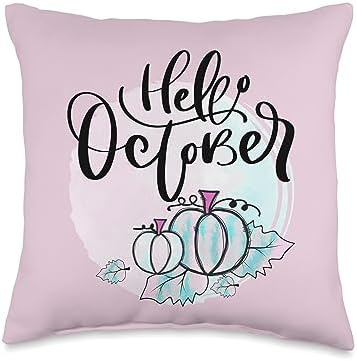 Hello October Pumpkin Fall Thanksgiving Halloween Pumpkins Throw Pillow by Unknown