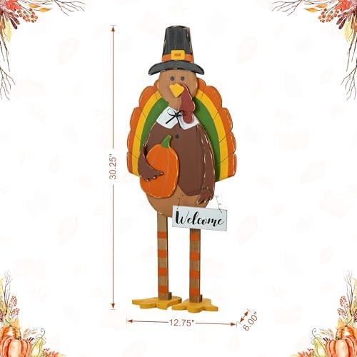 Glitzhome 30'H Thanksgiving Wood Turkey Porch Sign, Farmhouse Turkey Pumpkin Welcome Standing Decor for Fall Harvest, Rustic Autumn Decor - Image 2