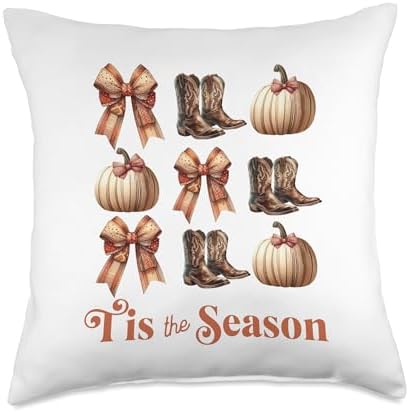 Cowgirl Western Boots Bows Pumpkin Thanksgiving Trendy Fall Throw Pillow by Unknown