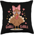 Cute Gobble Turkey Day Pink Bow Thanksgiving Women Kids Throw Pillow by Unknown