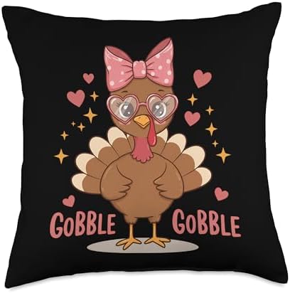 Cute Gobble Turkey Day Pink Bow Thanksgiving Women Kids Throw Pillow by Unknown