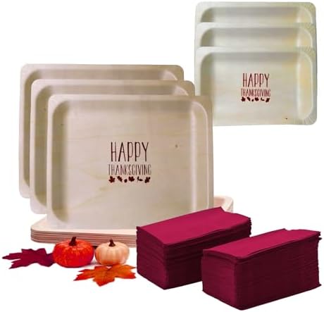 Perfect Stix Thanksgiving Plates and Napkins Set, 25 Large 10-Inch and 25 Small 7-Inch Wooden Plates with 50 Burgundy 2-Ply Dinner Napkins by PerfectStixLLC