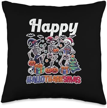 Halloween Thanksgiving Christmas HalloThanksMas Skeleton Throw Pillow by Unknown