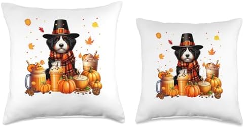 Bernedoodle Thanksgiving Drinks Coffee Fall Leaves Pumpkins Throw Pillow - Image 3