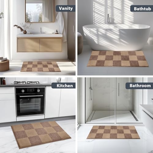 Bathroom Rugs, 24" x 60" Soft Bath Rugs, Checkered Grayish Brown & Coffee