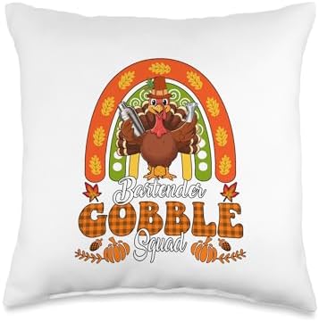 Bartender Gobble Squad Thanksgiving Turkey Fall Rainbow Throw Pillow by Unknown
