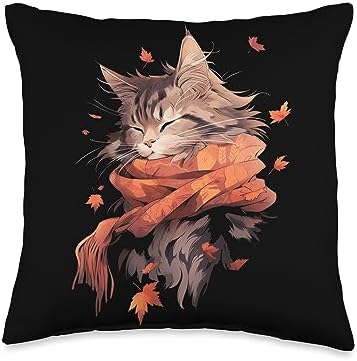 Fall Vibes Autumn Season Cat Lover Maine Coon Cat Kitten Autumn Fall Leaves Thanksgiving Throw Pillow, 16x16, Multicolor by Unknown