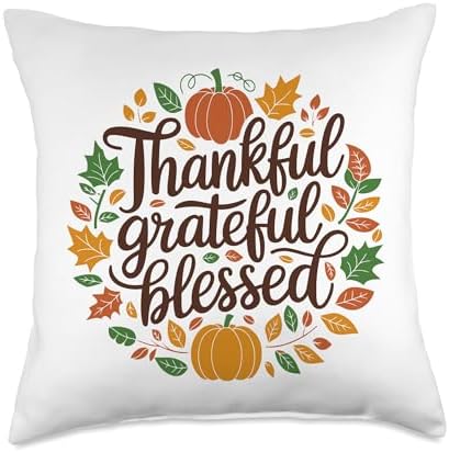 Thankful Grateful Blessed, Friendsgiving Thanksgiving Throw Pillow by HadleyDesigns