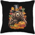 Thanksgiving Brown Bear Grizzly Pilgrim Feast Like A Bear Throw Pillow by Unknown