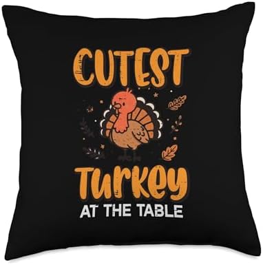 Thanksgiving Cutest Turkey At Table Funny Fall Men Women Kid Throw Pillow by Unknown
