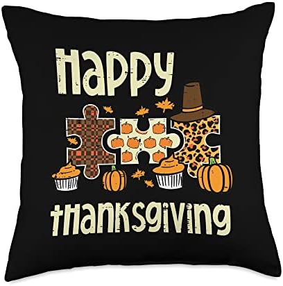 Happy Thanksgiving Autism Puzzle Leopard Women Girls Kids Throw Pillow by Unknown