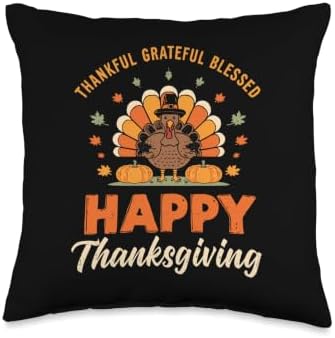 Thankful Grateful Blessed Turkey Cute Thanksgiving Women Men Throw Pillow by Unknown