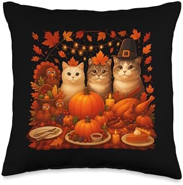 Fall Thanksgiving Cats Dinner Feast Vintage Fall Home Decor Throw Pillow by Unknown