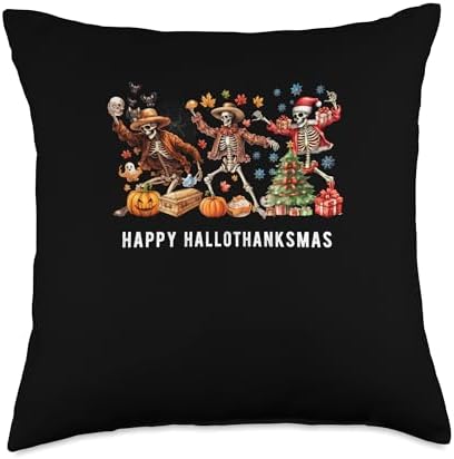 Halloween Thanksgiving Christmas HalloThanksMas Skeleton Throw Pillow by Unknown