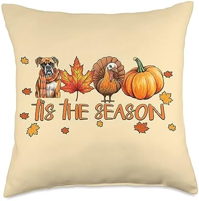 Cute Dog Thanksgiving Fall Gifts for Her Tis The Season Boxer Dog Fall Thanksgiving Throw Pillow, 18x18, Multicolor by Unknown