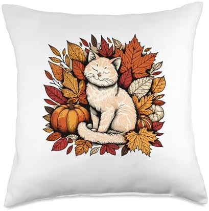 Funny Cat Fall Leaf Tree Hello Autumn Thanksgiving Women Throw Pillow by Unknown