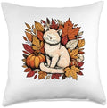 Funny Cat Fall Leaf Tree Hello Autumn Thanksgiving Women Throw Pillow by Unknown