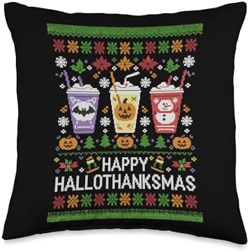 Happy Hallothanksmas Halloween Thanksgiving Christmas Mashup Throw Pillow by Unknown