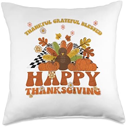 Thankful Grateful Blessed Happy Thanksgiving Turkey Groovy Throw Pillow, 18x18, Multicolor by Unknown