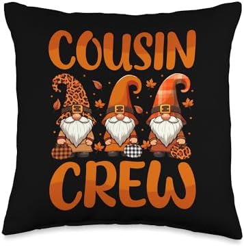 Cousin Crew Thanksgiving Three Gnomies Fall Leaves Pumpkins Throw Pillow by Unknown